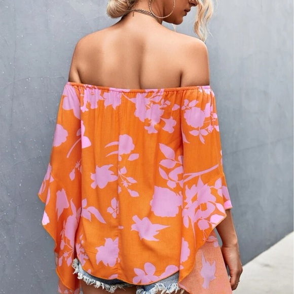 Off the shoulder ruffle flowy boho floral print top blouse red pink - Picture 6 of 6